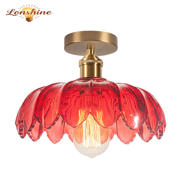 LONSHINE Plafonnier en Verre Vintage E27 Luminiare Abat-jour 25cm en Verre Rouge Rétro Lampe de Plafond pour Salon Cuisine