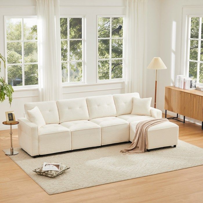 Canapé droit 4 places velours côtelé canapé 280x146x85 cm avec rangement sous les assises comprenant un pouf modulable. Beige.