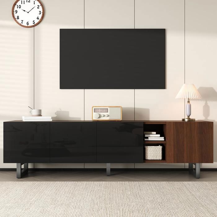 Meuble TV élégant rétro bahut de salon à quatre portes avec étagère de rangement ouverte longueur 180 cm couleur noire + noyer