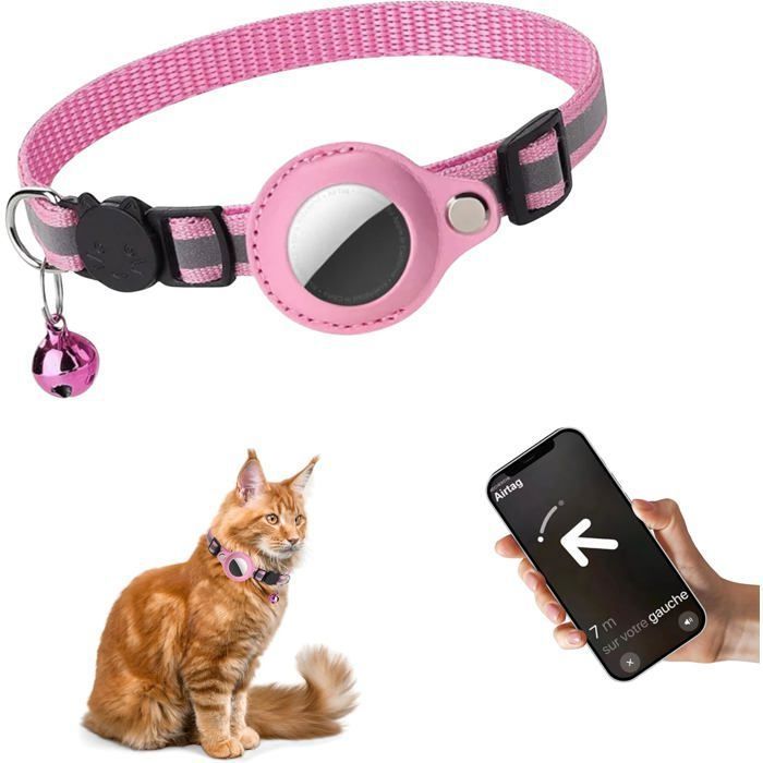 Collier GPS pour chat avec traceur anti-perte intégré compatible avec les boîtiers AirTag et doté dun  positionnement global-Rose