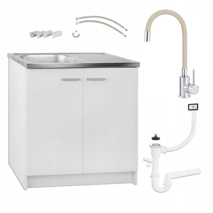 Meuble sous Évier 80 cm Blanc + Évier Deante Inox + Robinet Extensible Beige + Siphon LV + Kit - 80x49x82 cm