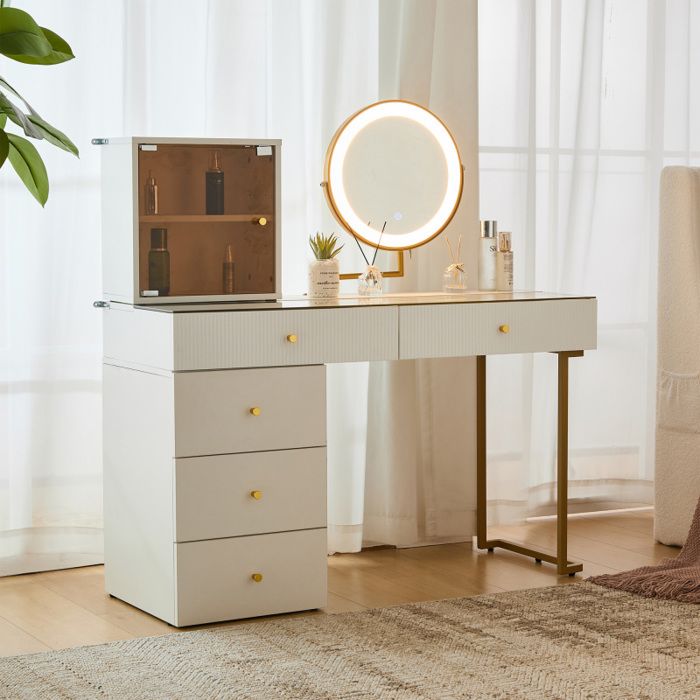 Coiffeuse - VVBV - 120 cm - Miroir LED 3 couleurs - Plateau verre trempé - Rangement modulable