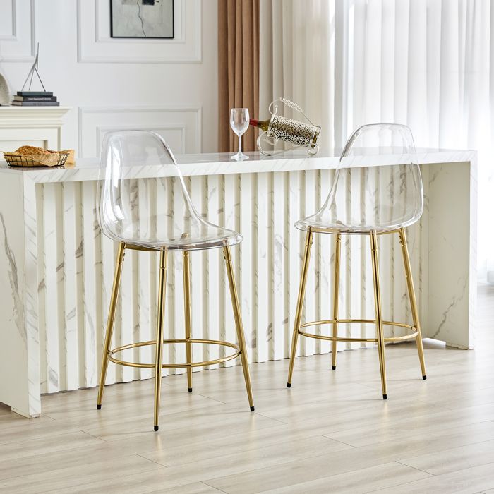 Tabouret de bar transparent - Ensemble de 2 - Design flottant - Pieds en métal doré - Hauteur totale 102 cm