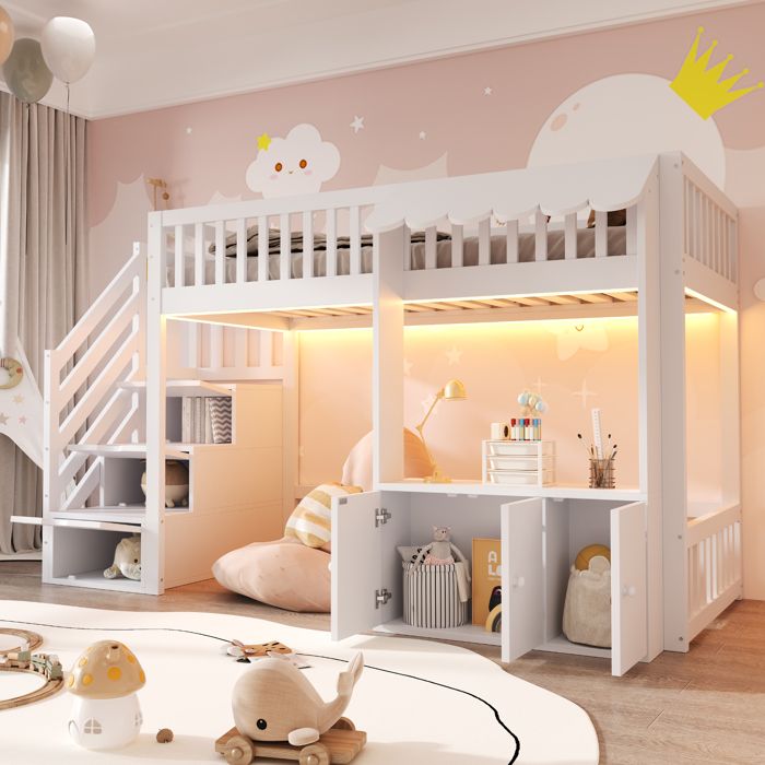 Lit mezzanine 90 x 200 cm avec bande LED multicolore design sous avant-toits cadre de lit lattes lit simple.