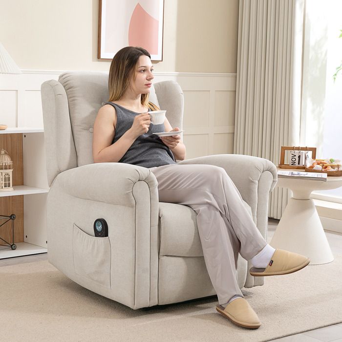 Fauteuil relax électrique massant et chauffant avec dossier et repose-pieds réglable manuellement poche latérale beige