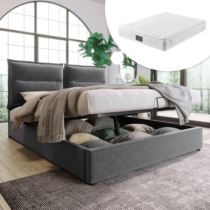 Lit - KOMHTOM - 140x200 - Hydraulique avec coffre - Velours gris - Matelas 620 ressorts Öko-Tex