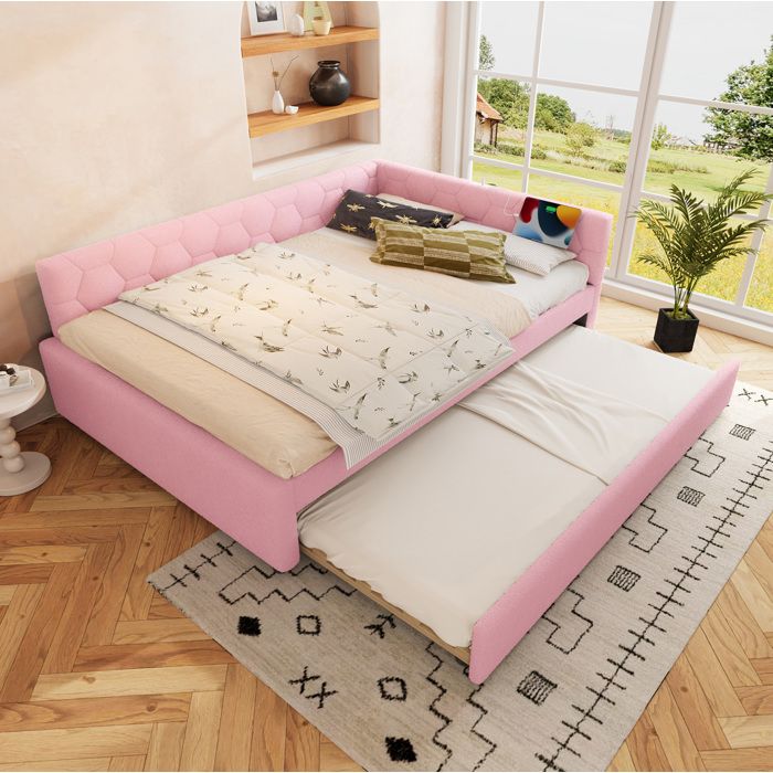 Lit banquette 140x200 cm avec lit gigogne USB et Type-C lampe de chevet structure MDF velours rose