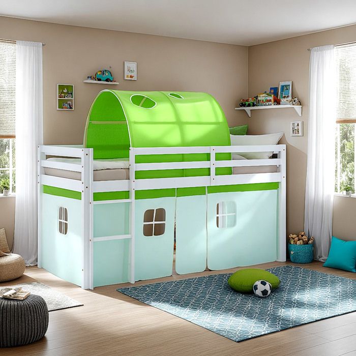 Lit mezzanine enfant 90x200 cm Blanc avec rideau Vert Tunnel avec sommier