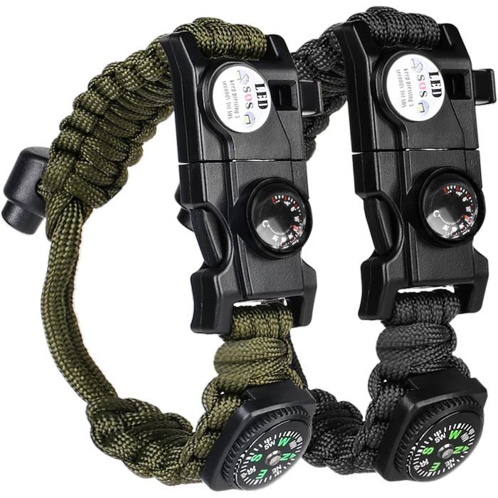 Bracelet de survie paracorde - OKZ® - Kit de sauvetage 8 en 1 - Silex et allume-feu intégrés