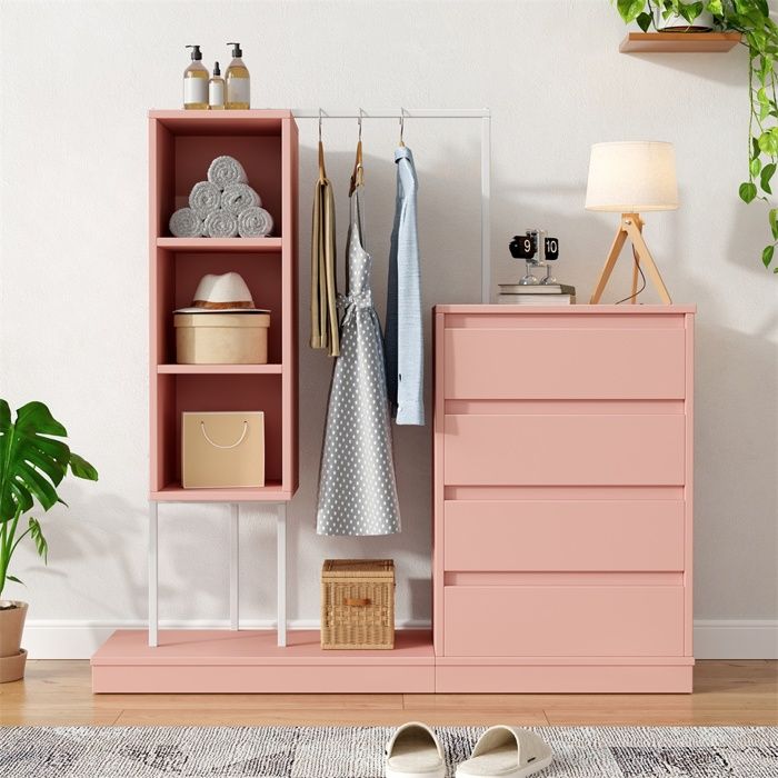 Vestiaire dEntrée Garderobe Enfant - 140x40x135cm - Meuble de Rangement 4 Tiroirs 3 Étagères et Tringle - Rose et Métal Blanc