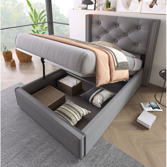 Lit coffre gris 90×200 cm sommier relevable inclus tête de lit capitonnée matelas non inclus