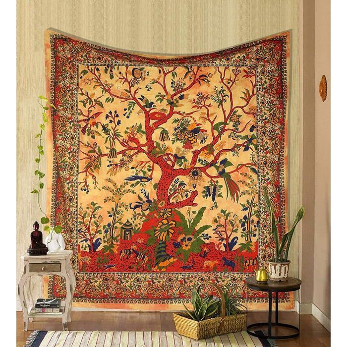 Tapisserie murale à suspendre en coton indien avec motif arbre de vie jaune pour lit double drap 210L x 135l cm jaune