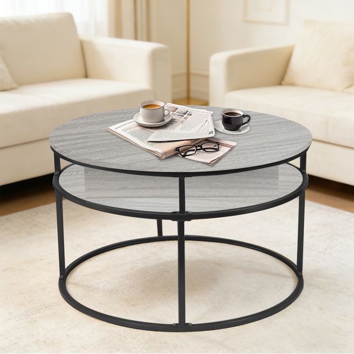 OHMG-Table Basse Ronde Réglable En Hauteur-Motif Marbré-Grande Capacité-Facile À Nettoyer-Couleur Bois Clair + Étagère Noire