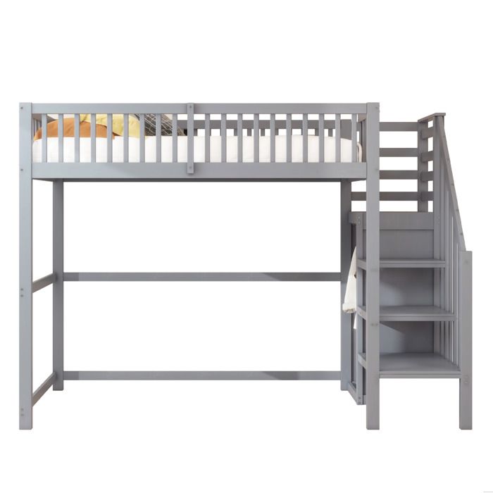 Lit surélevé 90x200 cm enfant bois gris avec escalier rangement intégré et penderie simple