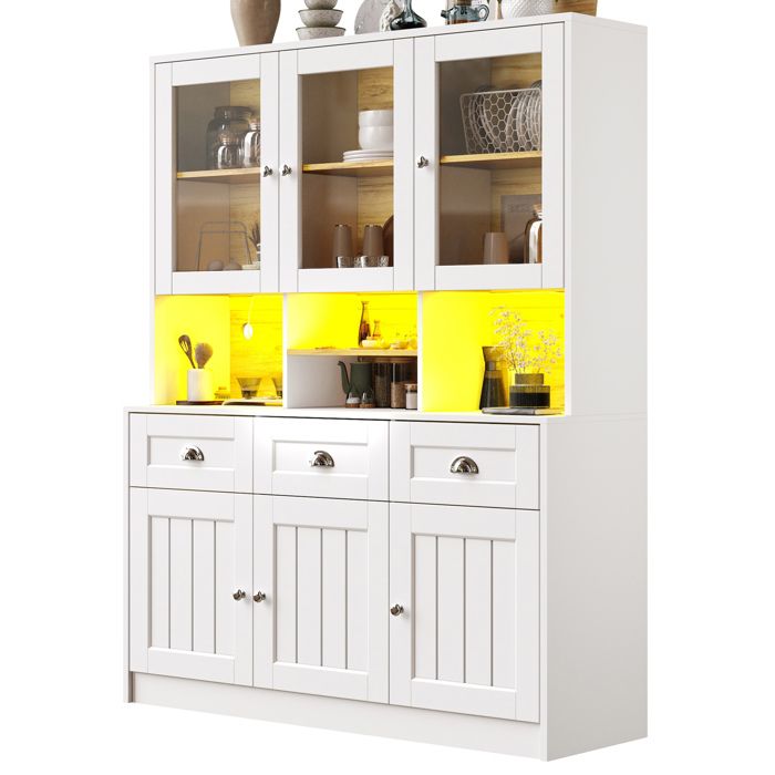 Buffet de cuisine - 140 x 40 x 175 cm - armoire haute - 3 tiroirs - 6 portes - étagères réglables - éclairage LED - blanc