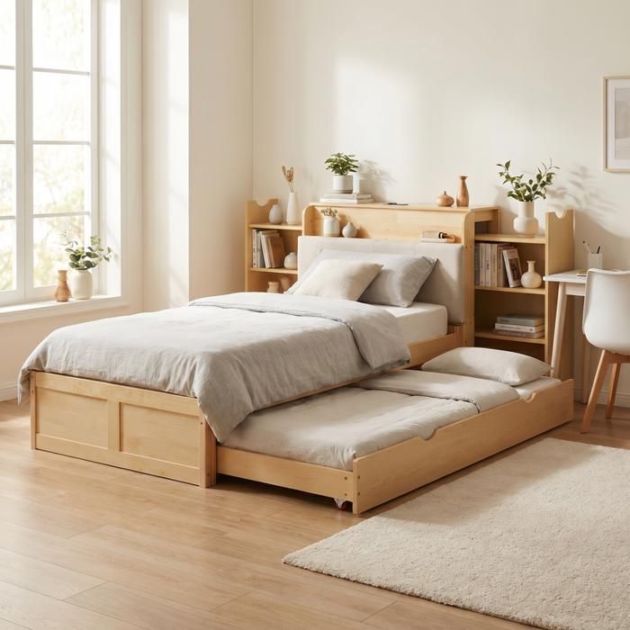 Lit simple 90x200 cm avec lit gigogne et port USB Lit enfant avec tête de lit rembourrée et rangement Couleur naturelle
