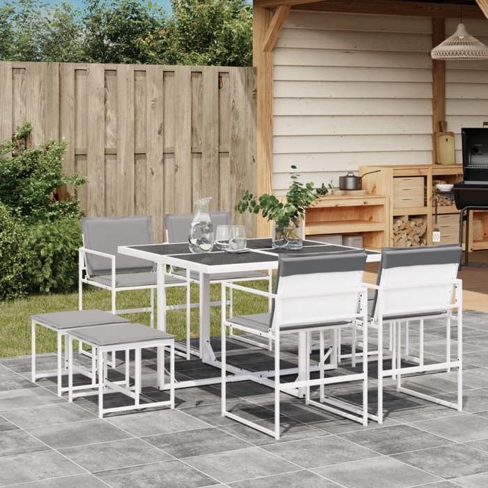 VIDAXL Ensemble Table avec chaises jardin + coussins - (9 pcs) - ANTI-UV - blanc textilène 110x107x72 cm M6693