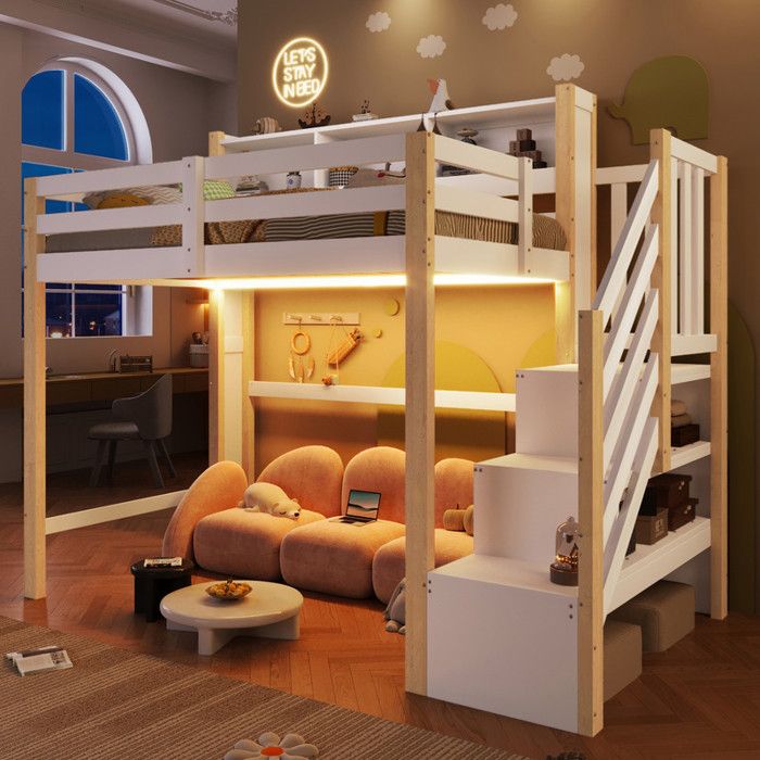 Lit mezzanine avec lumières LED 90x200cmespace de rangement sous le litcompartiment échelle de rangementsans matelasblanc+nature