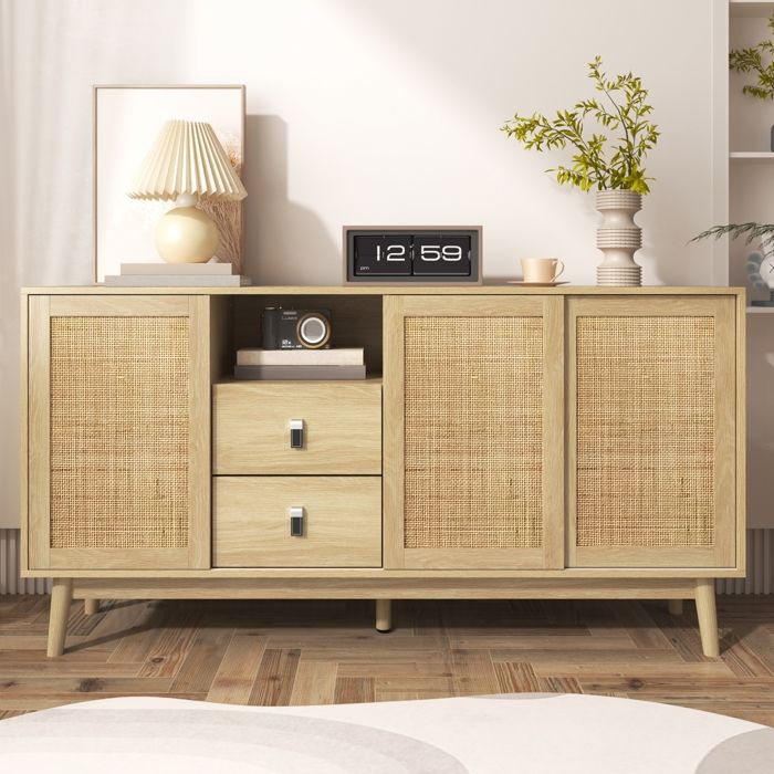 Buffet Moderne avec 3 Portes Coulissantes en Rotin Meuble de Rangement Salon Style Minimaliste Buffet Salle a Manger 155x38x80cm