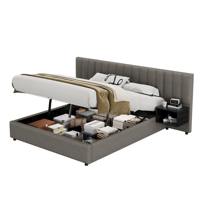 Lit capitonné 160x200 cm avec coffre hydraulique + 2 tables de chevet tissu lin gris + noir sommier à lattes bois