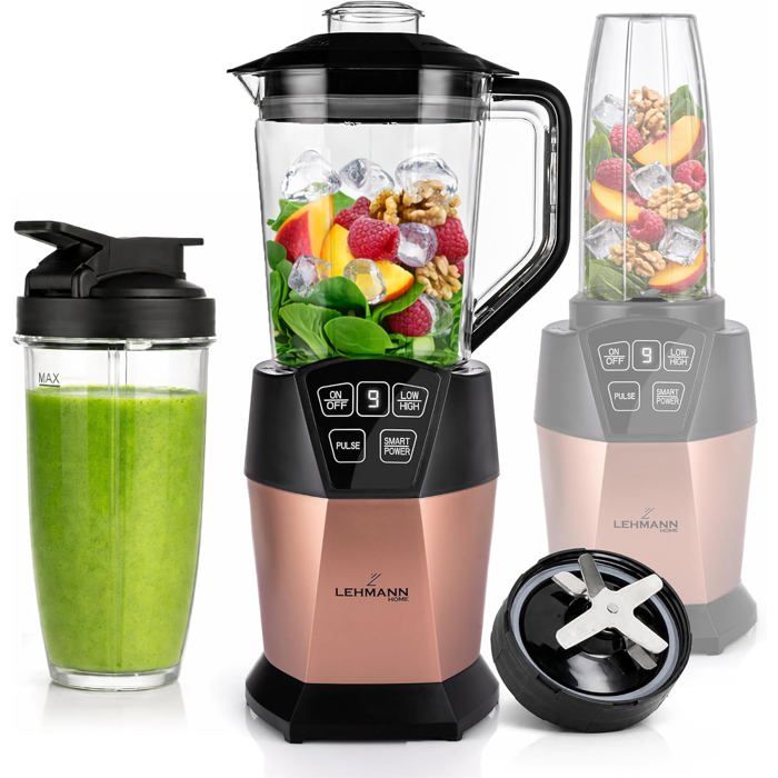 Blender 2-en-1 1000W bol 1 5L + gobelet 800 ml 4 programmes lames inox or rose sans BPA
