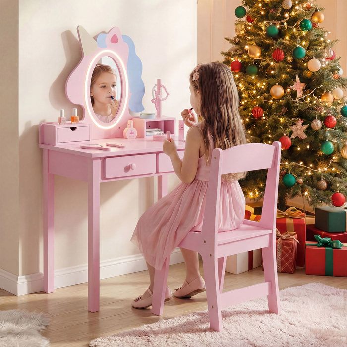 Coiffeuse Enfant 2 en 1 avec Miroir LED-COSTWAY-avec Tabouret 3 tiroirs Porte-Bijoux Hème Licorne 59 x 35 x 103.5CM MDF Rose Coiffeuse Enfant 2 en 1 avec Miroir LED-COSTWAY-avec Tabouret 3 tiroirs Porte-Bijoux Hème Licorne 59 x 35 x 103.5CM MDF Rose