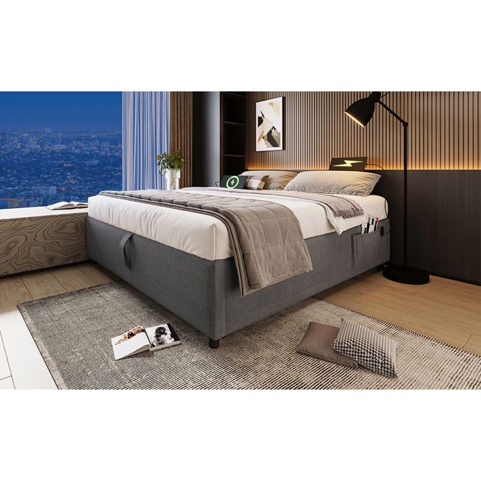 Modenuit lit coffre 160x200 cm gris sans tête de lit ouverture hydraulique USB et USB-C intégrés