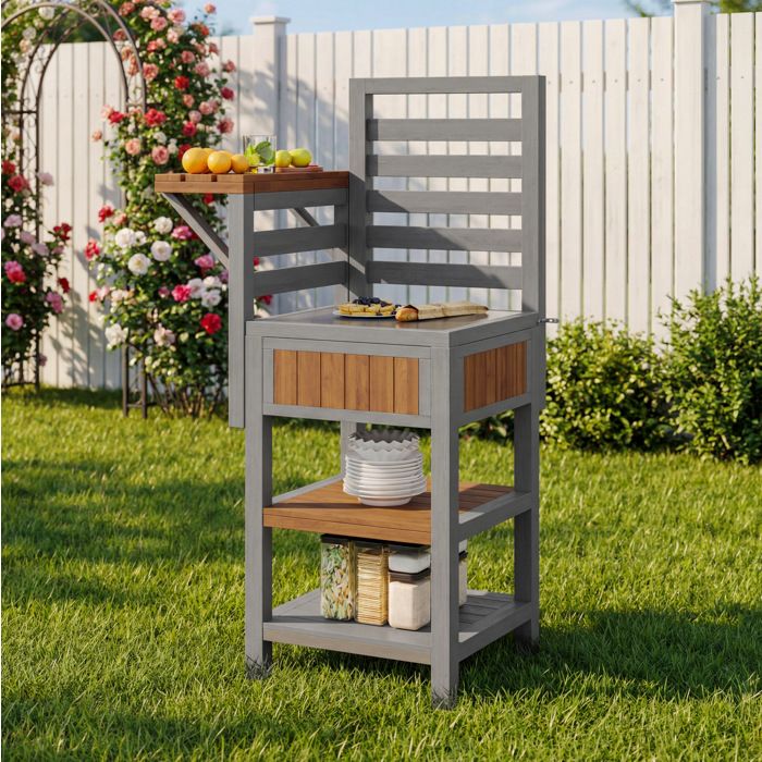 WOVREO Armoire de rangement extérieure en bois massif 74x54x149 cm avec plan de travail en inox et double étagère