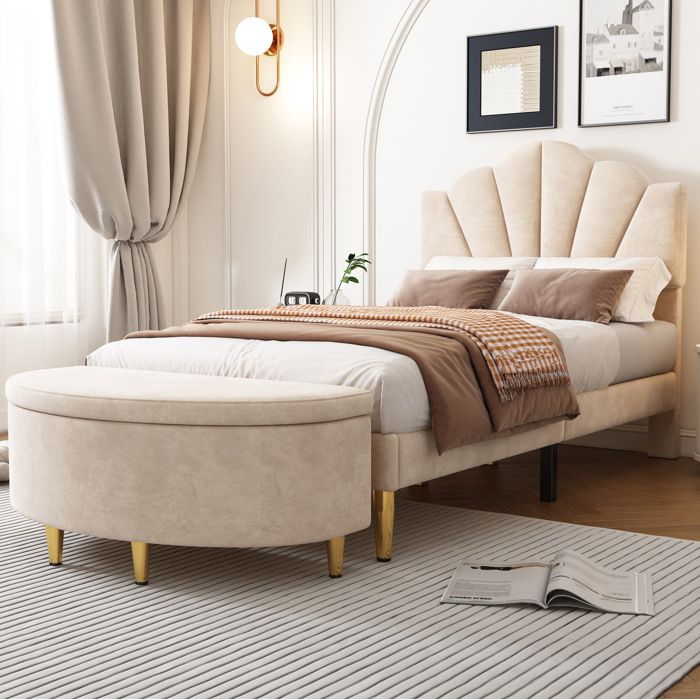 Lit simple 90×200 cm tête de lit coquille réglable et banc coffre - TCQPZ - sans matelas velours beige