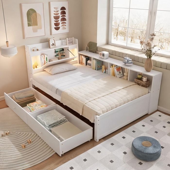 Lit une place 90x200 cm avec tête de lit range-livres et liseuses finition white-toned bois massif et MDF