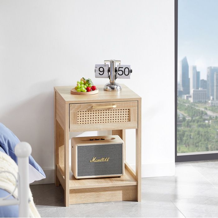 Table de chevet moderne rotin 1 tiroir et niche ouverte effet bois naturel MDF 40 x 40 x 55 cm Grjofek
