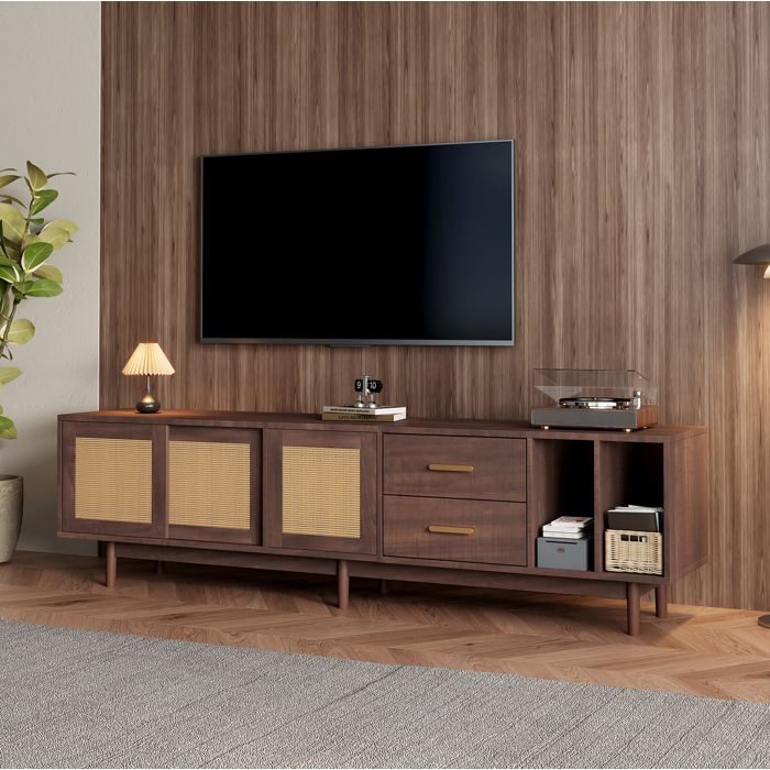 Meuble TV bas 190 x 40 x 52 cm en MDF marron avec portes effet rotin 3 portes 2 tiroirs et 6 pieds
