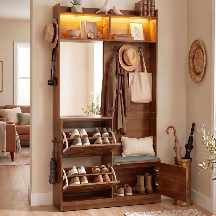 ROVRYN meuble dentrée vestiaire 100 x 25 x 180 cm avec miroir 2 abattants à chaussures banc rembourré et LED noyer