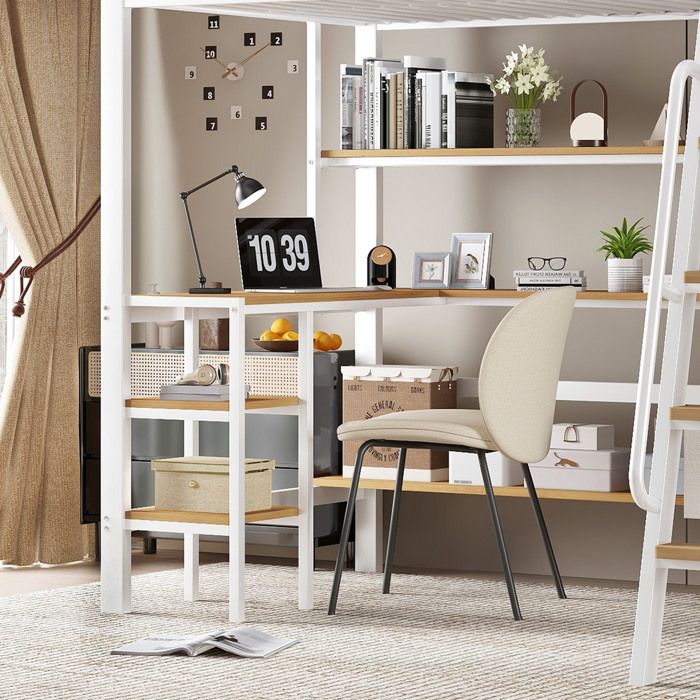 Lit mezzanine 90×200 cm 1 place bureau intégré étagère de rangement deux boîtes en tissu sans matelas