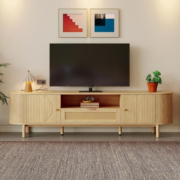 Meuble TV - KOMHTOM - 175x36x51 cm - tiroir en rotin - portes arrondies - pieds métal effet bois Meuble TV - KOMHTOM - 175x36x51 cm - tiroir en rotin - portes arrondies - pieds métal effet bois
