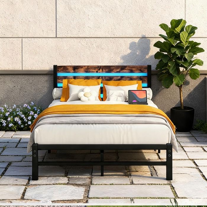 Cadre de lit 140x200 cm avec tête de lit LED RGB USB rangement 27 cm métal et - Antique brown MDF+Metal 207.0 x 140.0 x 96.0