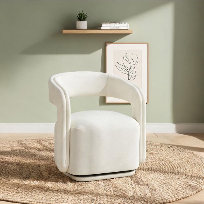 Fauteuil de salon rotatif à 360° en chenille white-toned design tonneau structure bois assise confortable 74 cm de haut