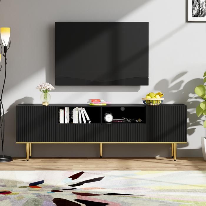 Meuble TV - SOGEU - 165x36x55 cm - 2 tiroirs 2 compartiments - Accents dorés - Pieds métal