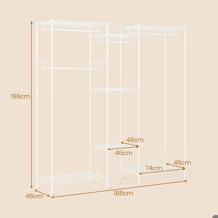 Rangement grande capacité portant vêtements avec 7 étagères réglables et 4 tringles amovibles pour dressing