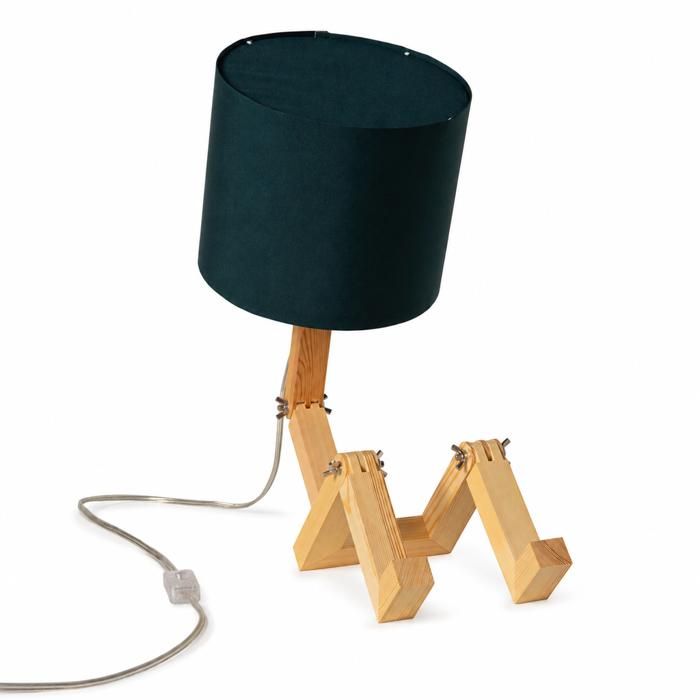 Lampe à Poser Articulée en Bois Naturel Abat-Jour en Tissu Noir Interrupteur Douille E27