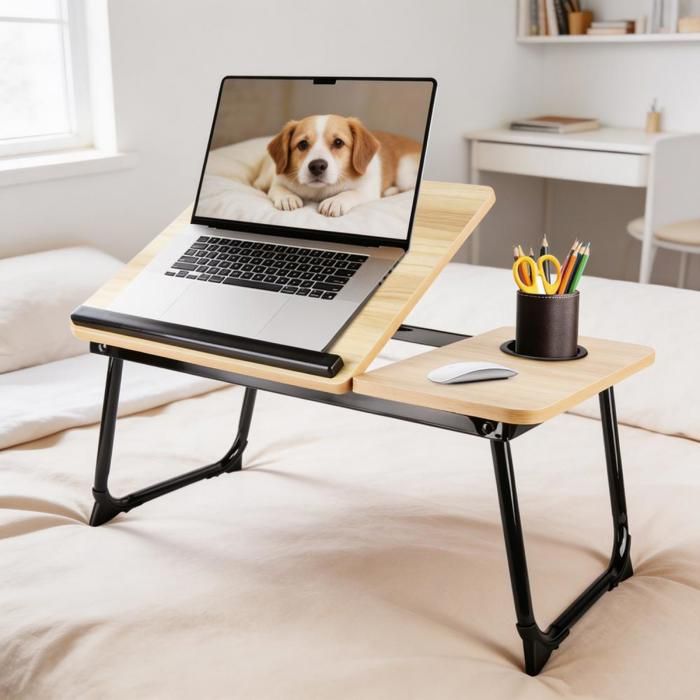 Rcynview Table de Lit Pliable Inclinable 56x33x25-41 Inclinaison réglable 5 niveaux Table dordinateur Portable avec porte-gobelet