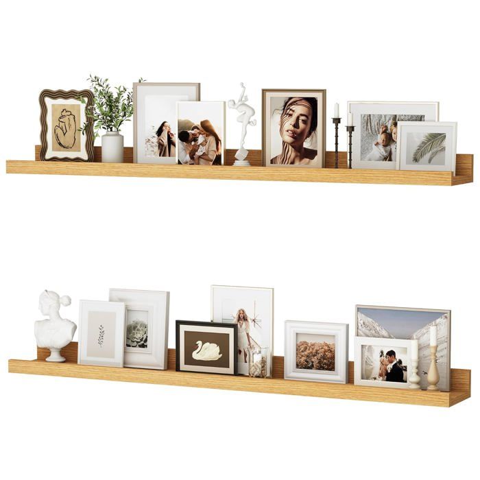 Lot de 2 étagères murales flottantes 90 cm - bois MDF beige style industriel pour cadres déco bureau chambre ou cuisine