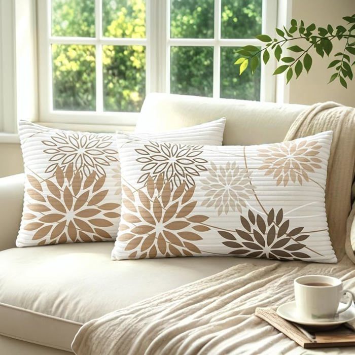 Housse Coussin Canape Decoration Fleuri Douces Velours Côtelé  Lot de 2 Housse de Coussin Vintage 2 50 x 50 X 30 CM (LOT  COUSSIN