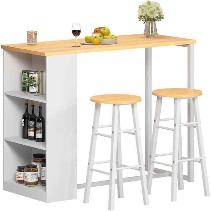 SDHYL Ensemble de Bar Table Haute avec 2 Tabourets 3 Étagères Teck et Blanc pour Cuisine et Salle à Manger