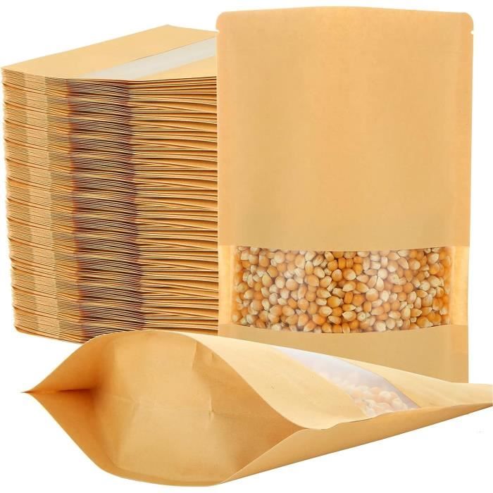 100 Pcs Sachet Zip Kraft 26 X 18 Cm, Sachet Kraft Alimentaire Avec