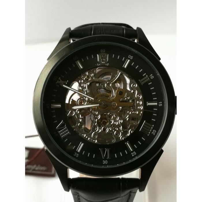 Montre homme automatique bracelet cuir noir cadran noir THOMAS