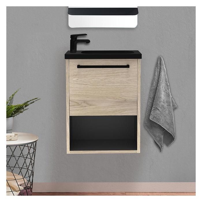 Meuble lave-mains décor chêne intérieur noir vasque noire NIKA Bois Clair