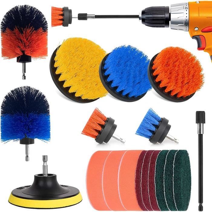 Kit 18 pièces Brosse Nettoyage Rotative Perceuse Voiture auto Visseuse Jantes Baignoire Carrelage Cuisine Canapé Coins et Barbecue