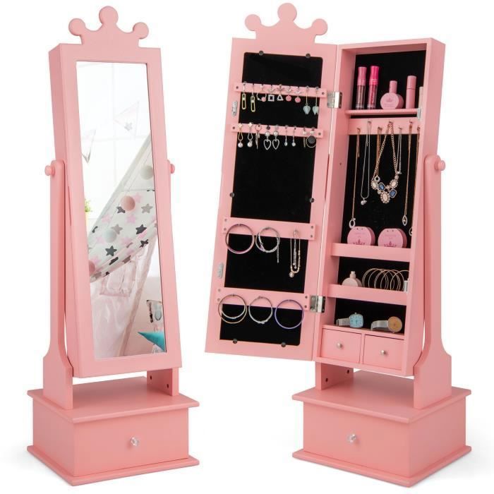 COSTWAY Armoire à Bijoux 2 en 1 avec Miroir pour Enfant 34x30x103-113 cm avec 3 Tiroirs 2 Angles dInclinaison(90°-94°) Rosé