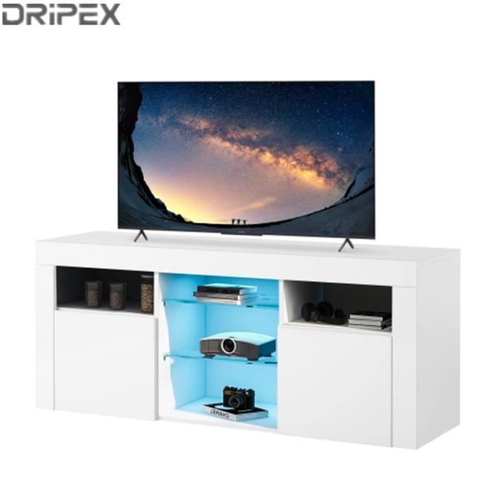 Meuble TV D'angle Dripex 100x68x40cm - Blanc Brillant Avec Lumières LED, étagères Verre Et Portes